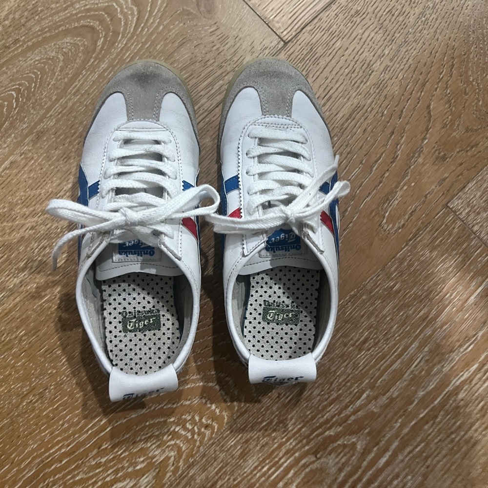 Onitsuka Tiger White Sneakers with Blue & Red Stripes